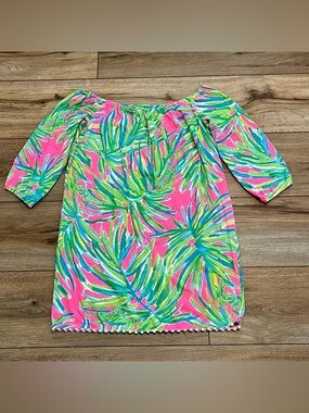 Lilly Pulitzer Mini Enna Dress SZ Large (8-10) Pink Green Floral Pom Trim Girls